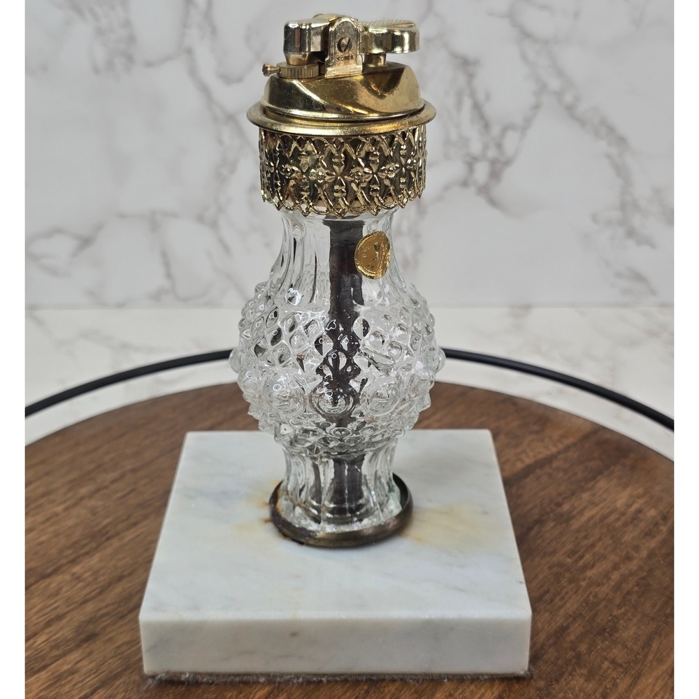 Vintage Hollywood Regency Table Lighter Marble Base Glass Korea Romania